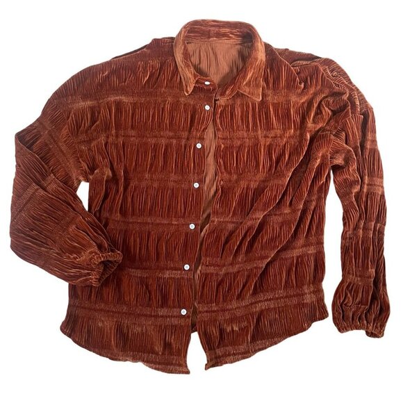 N/A Tops - Textured Shirred Velvet Button-Up Shirt Women's Brown Winter Classic Y2K 90s